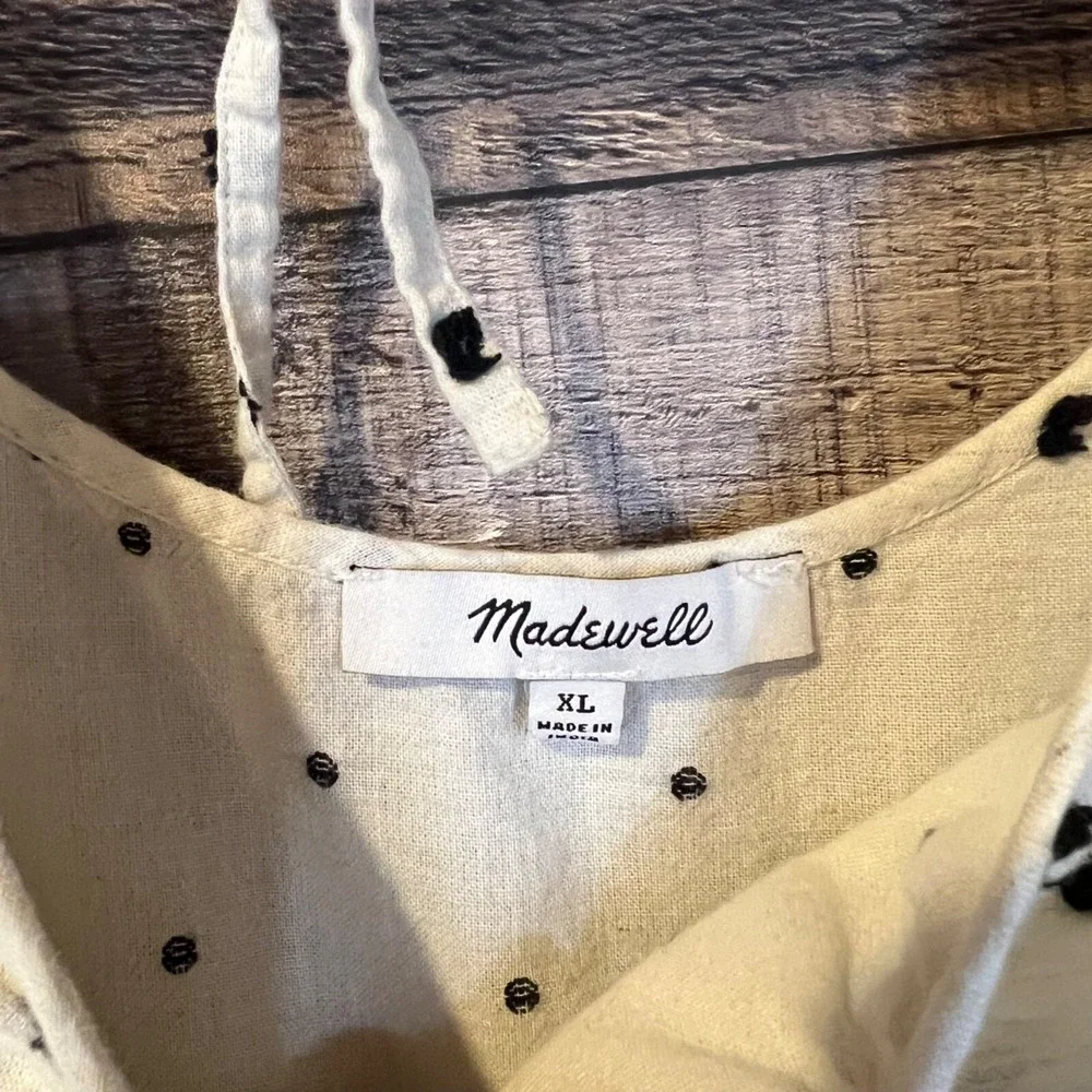 Madewell Tie-Back Puff-Sleeve Top in Clip‎ Dot XL Neutral Classic Minimalist